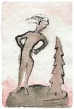 Painting by Barbara Stout, Company at the Top, ink and watercolor on paper, 6" x 4"