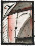 Painting by Barbara Stout: "Frenchie of Montmartre", SOLD, ink and watercolor on paper, 6" by 8"