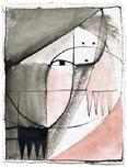 Painting by Barbara Stout: "My Familiar" ink and watercolor on paper, 6" by 8"  SOLD